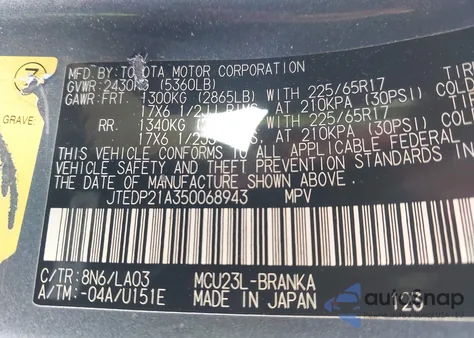 2005 Toyota Highlander Limited V6 from USA, damaged, VIN JTEDP21A350068943